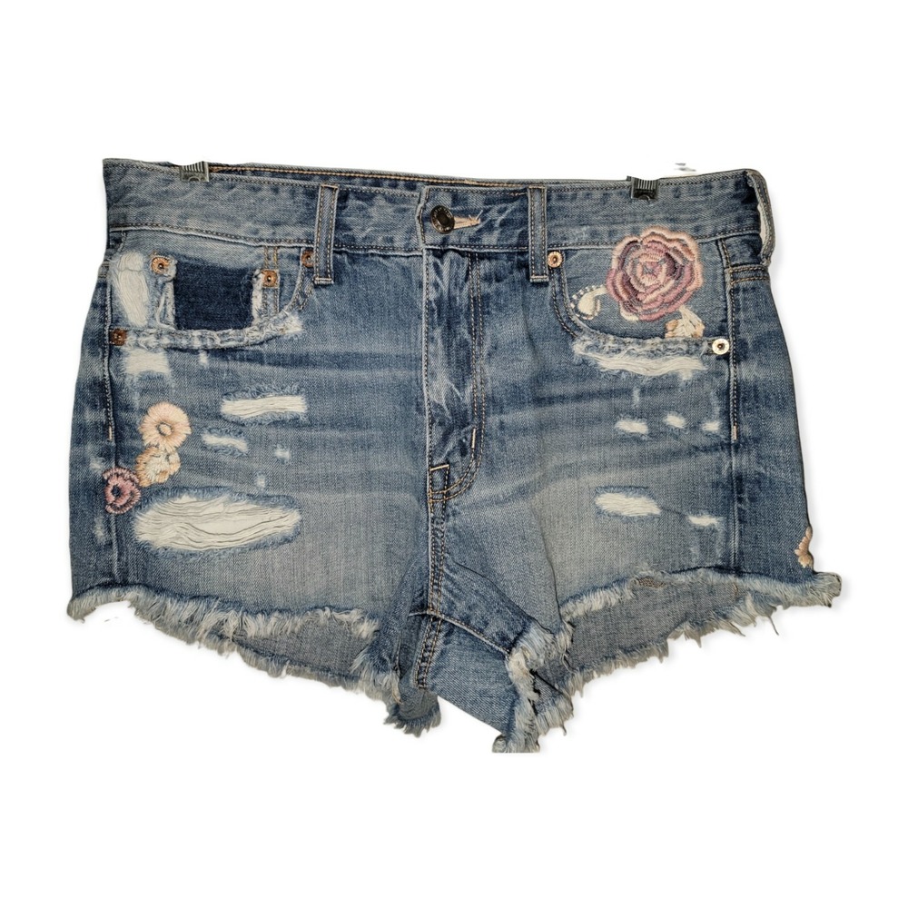 American Eagle Outfitters Hi Rise Festival Denim Shorts Distressed Floral Size 4